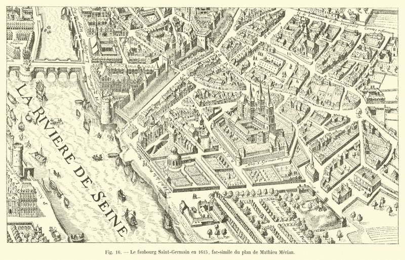Faubourg Saint-Germain i 1615, faksimile av Mathieu Merians plan av French School