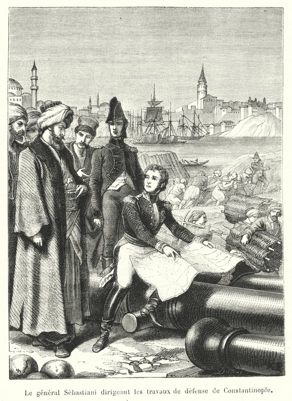 General Sebastiani leder forsvarsverkene til Konstantinopel (gravering) av French School
