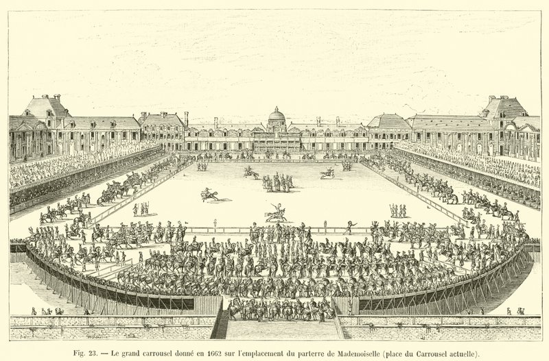 I 1662 har den store karusellen utsikt over plasseringen av Mademoiselles parterre, det nåværende Place du Carrousel av French School
