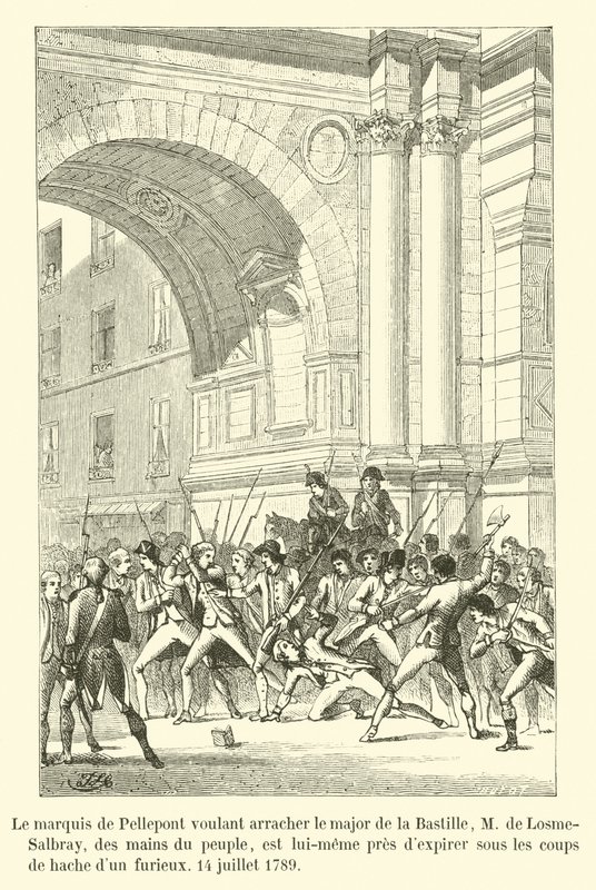 Markisen de Pellepont, som ønsker å rive majoren av Bastillen, M de Losme-Salbray, fra folkets hender, er selv i ferd med å dø under økseslagene til en rasende mann, 14. juli 1789 av French School