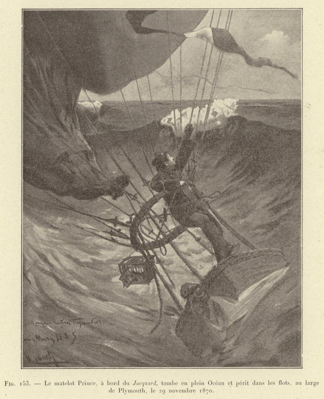 Sjømannen Prince, ombord på Jacquard, faller midt i havet og omkommer i bølgene, utenfor Plymouth, 29. november 1870 (gravering) av French School