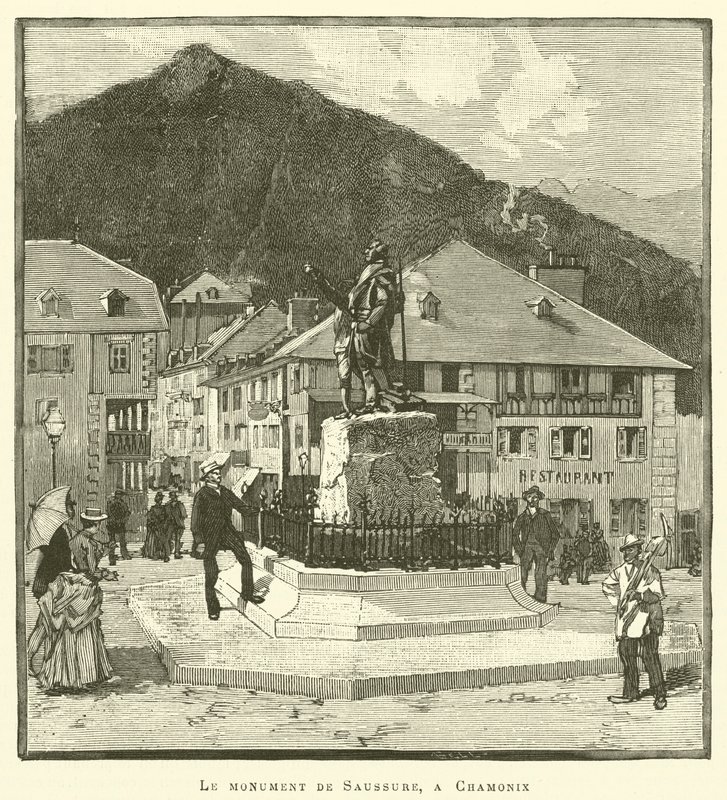 Monumentet til Saussure, i Chamonix (gravering) av French School