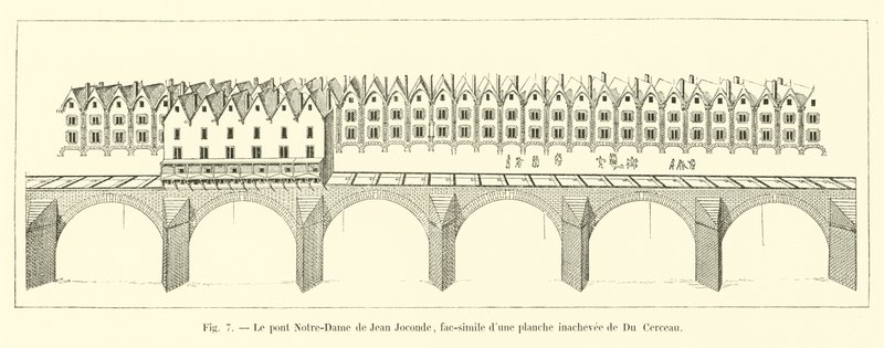 Notre-Dame-broen av Jean Joconde, faksimile av en uferdig plate av Du Cerceau av French School