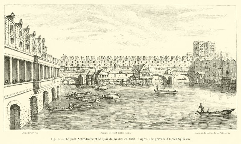 Notre-Dame-broen og Quai de Gesvres i 1660, etter en gravering av Israel Sylvestre av French School