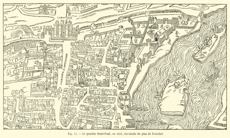 Saint-Paul-distriktet, i 1552, faksimile av Truschets plan av French School