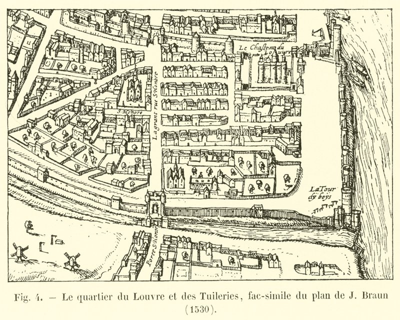 Louvre og Tuileries-distriktet, faksimile av planen av J Braun, 1530 av French School