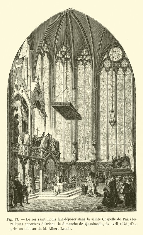 Kong Saint Louis fikk relikviene brakt fra øst deponert i Sainte Chapelle i Paris Quasimodo søndag 25. april 1248, etter et maleri av M Albert Lenoir av French School