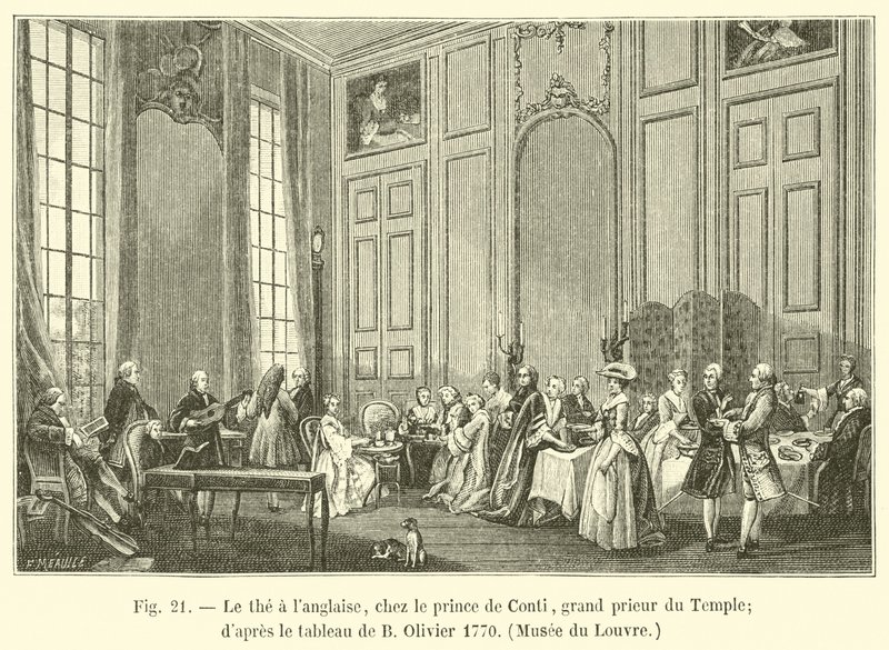 Engelsk te, med Prince de Conti, tempelets storprior; etter maleriet av B Olivier 1770, Louvre-museet av French School