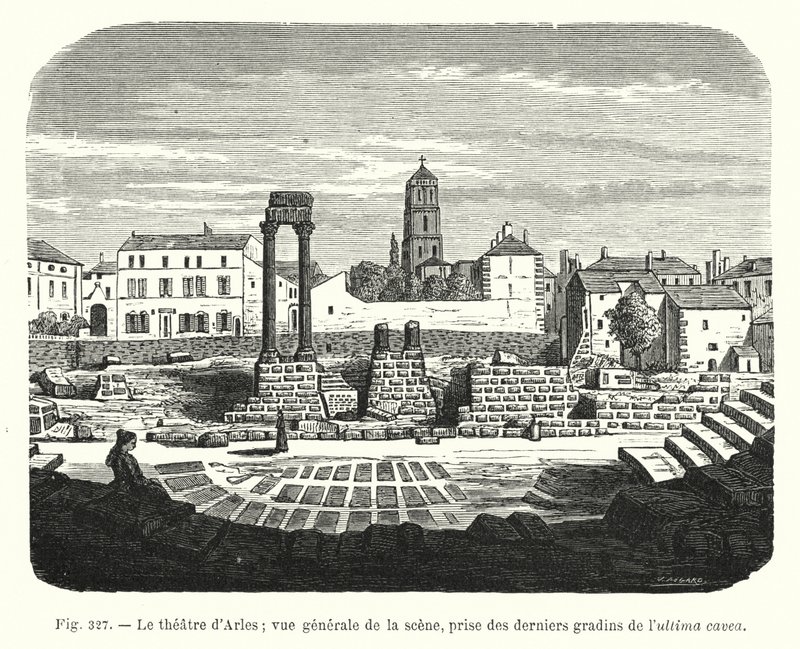 Teateret i Arles; generelt syn på scenen, hentet fra de siste tribunene til ultima cavea (gravering) av French School
