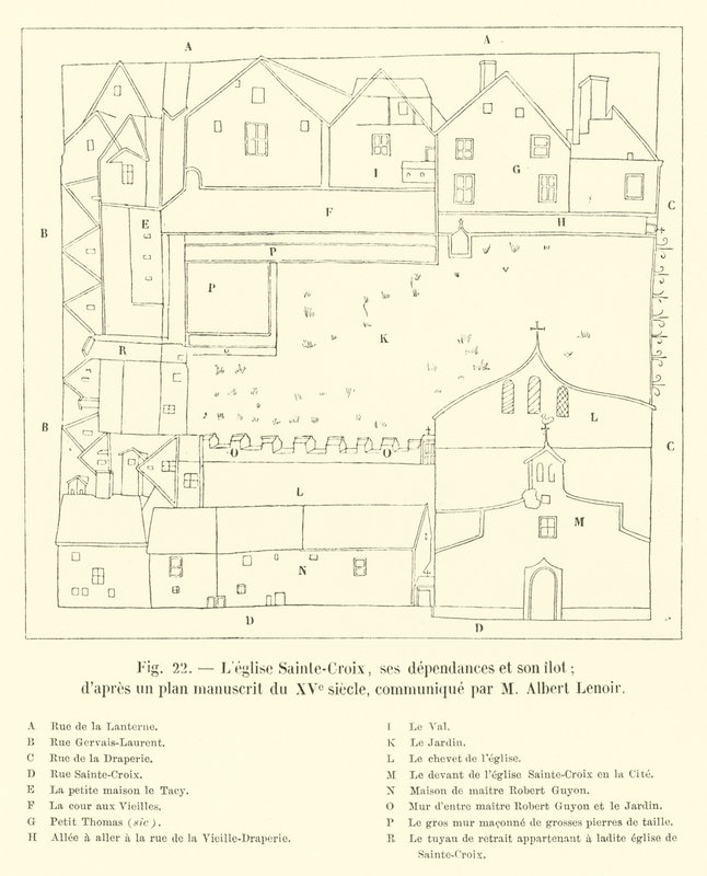 Sainte-Croix-kirken, dens uthus og øya; i henhold til en manuskriptplan fra det 15. århundre, formidlet av M Albert Lenoir av French School