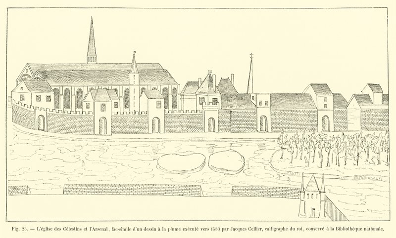 The Church of the Celestins and the Arsenal, faksimile av en pennetegning utført rundt 1583 av Jacques Cellier, kalligraf for kongen, oppbevart på Nasjonalbiblioteket av French School