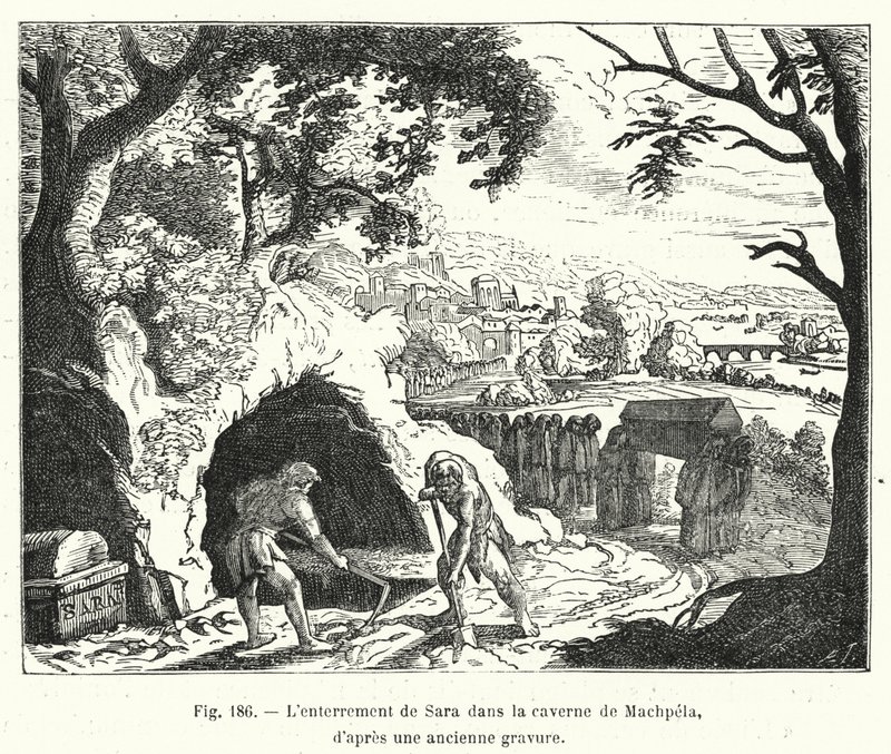 Begravelsen av Sara i hulen Machpela, fra en gammel gravering (gravering) av French School