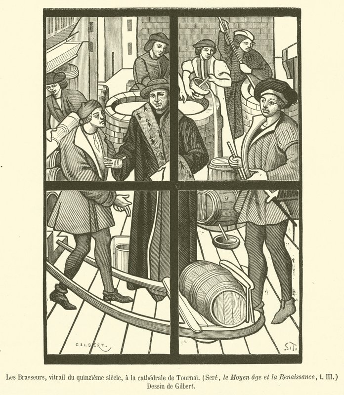The Brewers, glassmaleri fra 1400-tallet, i katedralen i Tournai (gravering) av French School