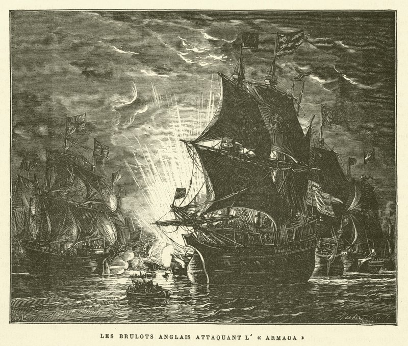 De engelske Brulots Attacking the Armada (gravering) av French School