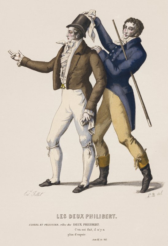 The Two Philiberts, Act III, Sc VIII (farget gravering) av French School