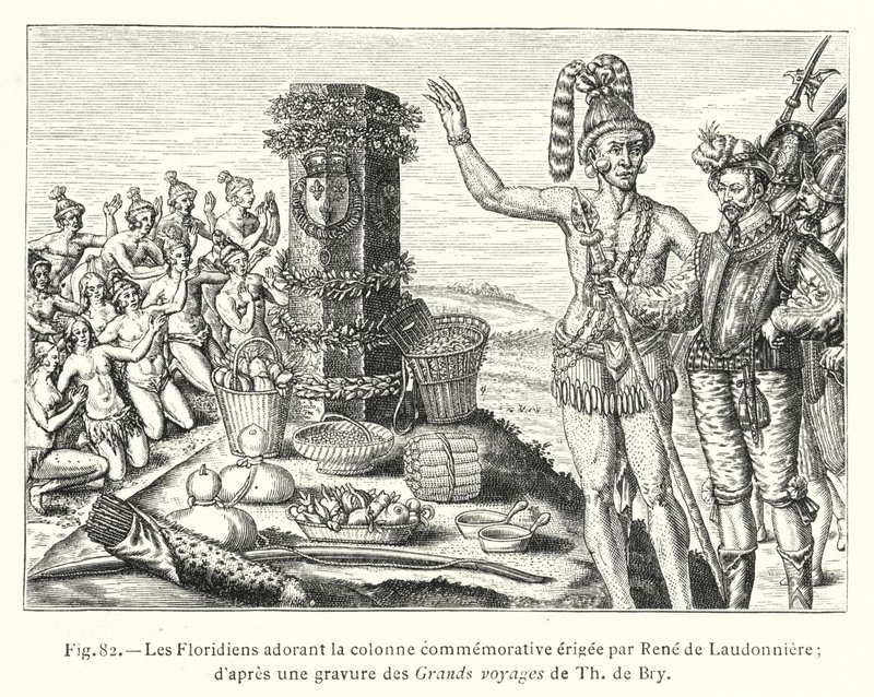 Floridianere som tilber minnesøylen reist av Rene de Laudonniere; etter en gravering fra The Great Travels of Th de Bry (gravering) av French School