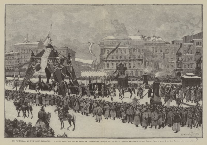 Keiser Vilhelms begravelse, prosesjonen som går under triumfbuen Friedrichstrasse, Promenade des Tilleuls (gravering) av French School