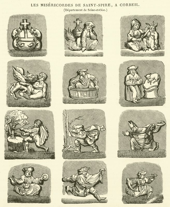 The Misericords of Saint-Spire, ved Corbeil (gravering) av French School