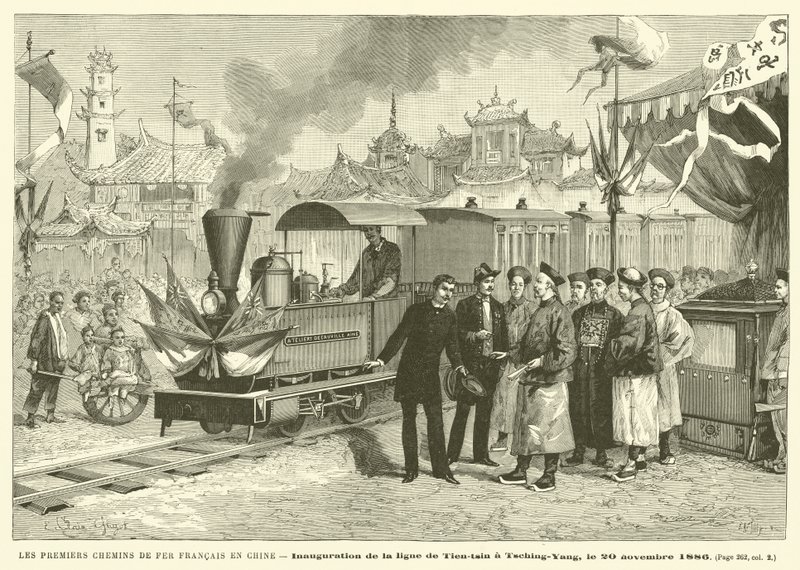 De første franske jernbanene i Kina (gravering) av French School