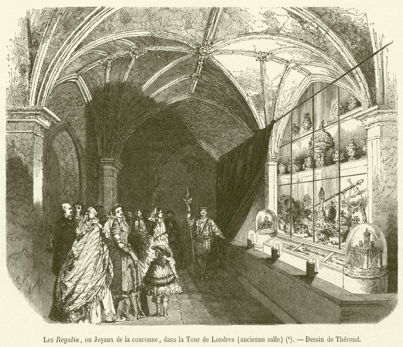 Regalia, eller kronjuveler, i Tower of London, Old Hall (gravering) av French School