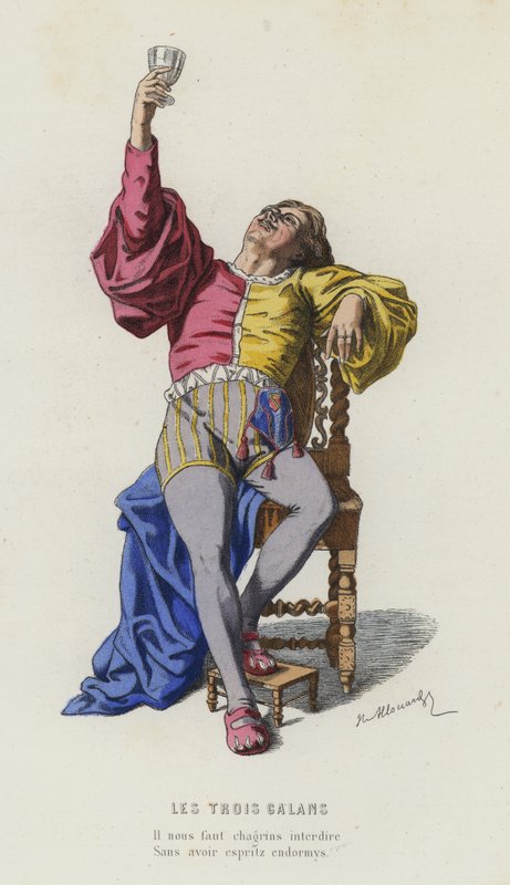 The Three Galans (farget gravering) av French School
