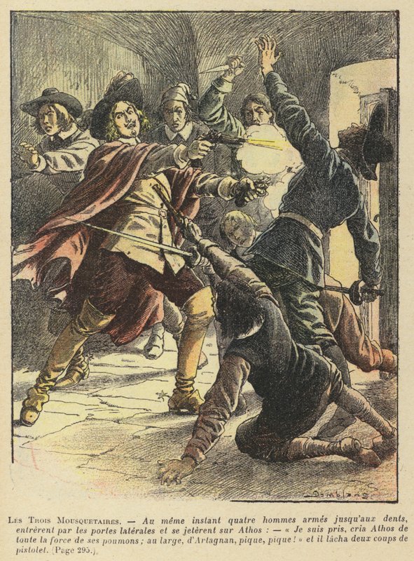 De tre musketerer av Alexandre Dumas (fargelitografi) av French School