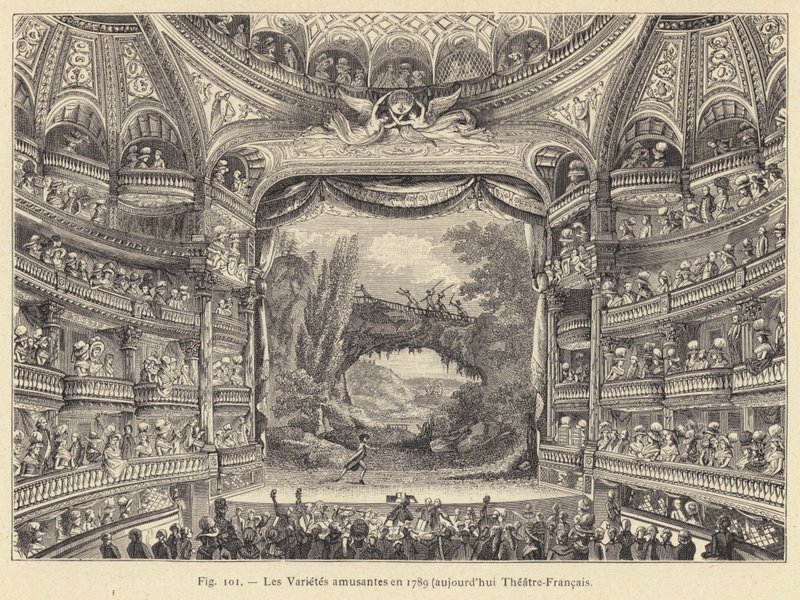 The Fun Varieties i 1789, nå Theatre-Francais (gravering) av French School