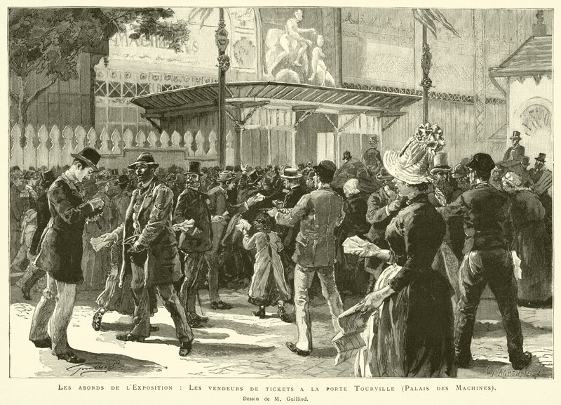 Omgivelsene rundt utstillingen, Billettselgerne ved Tourville-porten, Palais des Machines, Tegning av M Guilliod (gravering) av French School