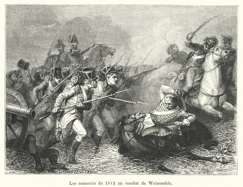 De vernepliktige fra 1813 i slaget ved Weissenfels (gravering) av French School