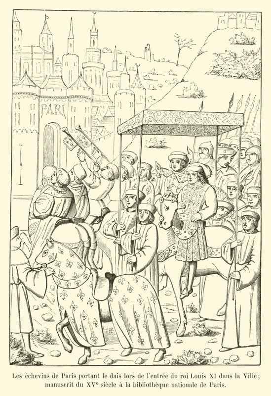 Ordførerne i Paris som bar tribunen da kong Ludvig XI entret byen; 1400-tallsmanuskript i Nasjonalbiblioteket i Paris av French School