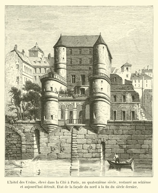 Hôtel des Ursins, bygget i Cité i Paris på det fjortende århundre, restaurert på det sekstende og nå ødelagt, tilstanden til nordfasaden på slutten av forrige århundre av French School