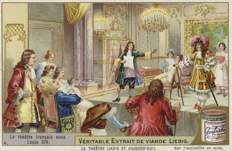 Liebig-kort med fransk teater under Ludvig XIVs regjeringstid av French School
