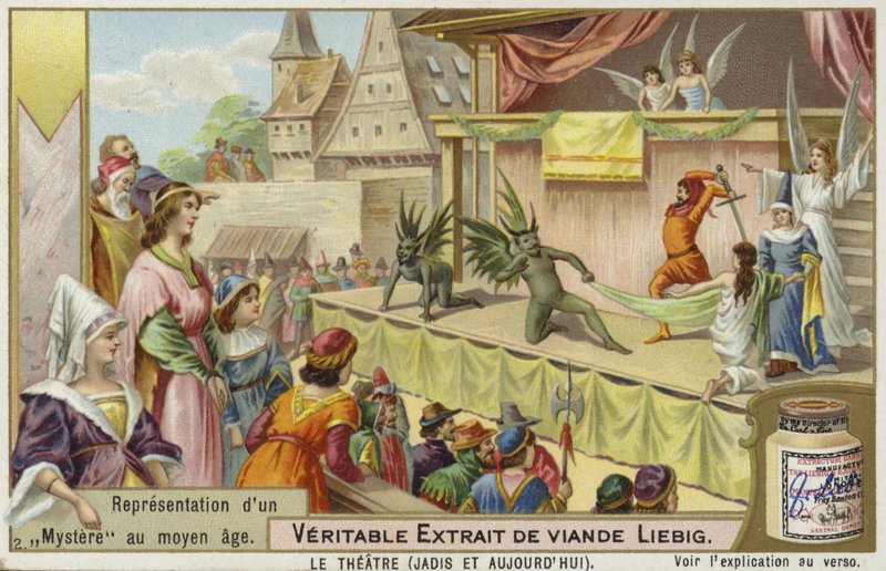 Liebig-kort med en representasjon av et middelaldermysterium av French School