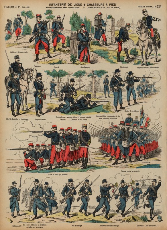 Linjeinfanteri og chasseurs fra den franske hæren (farget gravering) av French School