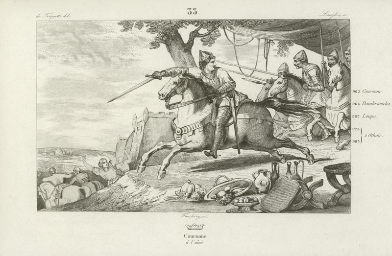Lothair av Frankrike leder hæren sin i et angrep på det hellige romerske keiserens palass i Aachen, 978 av French School