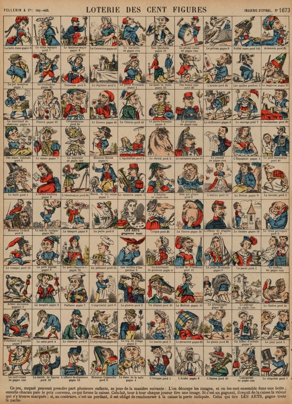 Lotteri på hundre figurer (farget gravering) av French School