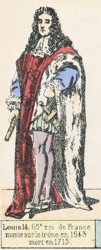 Louis 14, 65. konge av Frankrike, besteg tronen i 1643, døde i 1715 (farget gravering) av French School