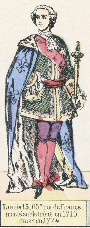 Ludvig 15, 66. konge av Frankrike, besteg tronen i 1715, døde i 1774 (farget gravering) av French School