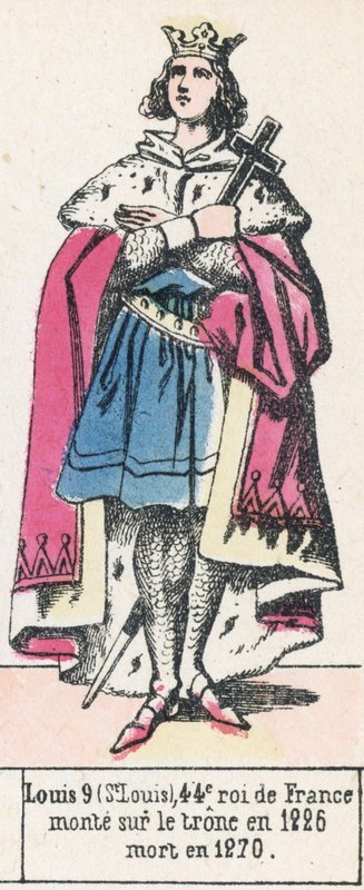 Louis 9 (St Louis), 44. konge av Frankrike, besteg tronen i 1226, døde i 1270 (farget gravering) av French School