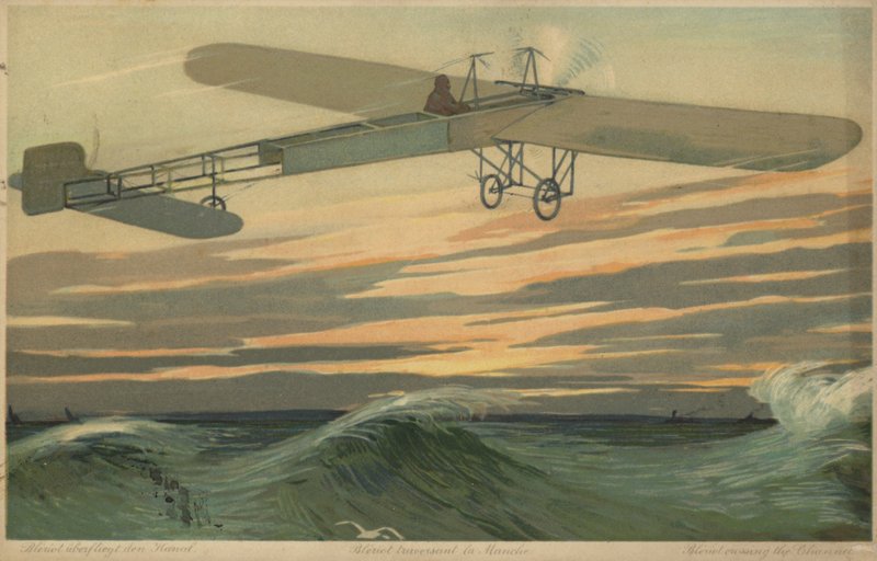 Louis Bleriot foretar sin første flytur over Den engelske kanal i et fly som er tyngre enn luft, 25. juli 1909 (fargelitografi) av French School
