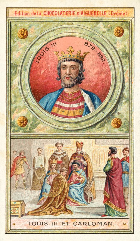 Louis III og hans yngre bror Carloman II, felleskonger av Frankrike, 9. århundre (chromolitho) av French School