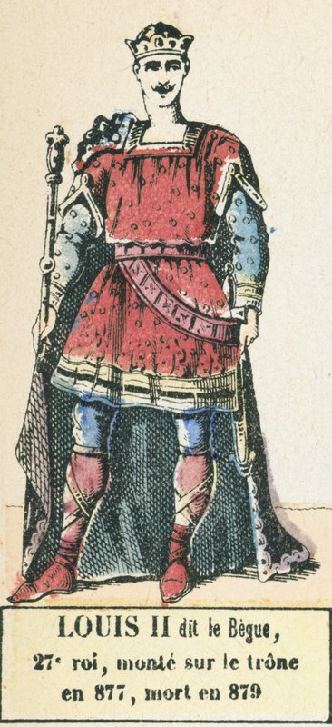 Louis II dit le Begue, 27. konge, besteg tronen i 877, døde i 879 (farget gravering) av French School