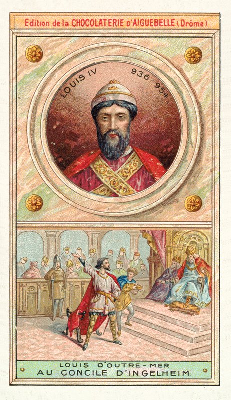 Louis IV av Frankrike ved Council of Ingelheim, 948 (chromolitho) av French School
