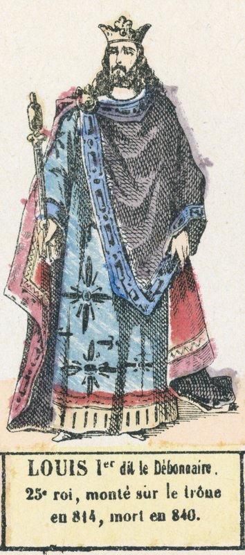 Louis Ier dit le Debonnaire, 25. konge, besteg tronen i 814, døde i 840 (farget gravering) av French School