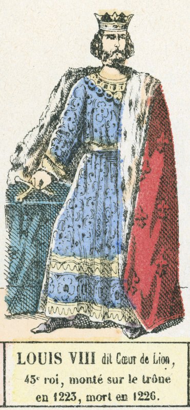 Louis VIII dit Coeur de Lion, 43. konge, besteg tronen i 1223, døde i 1226 (farget gravering) av French School
