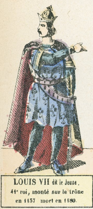 Louis VII dit le Jeune, 41. konge, besteg tronen i 1137, døde i 1180 (farget gravering) av French School