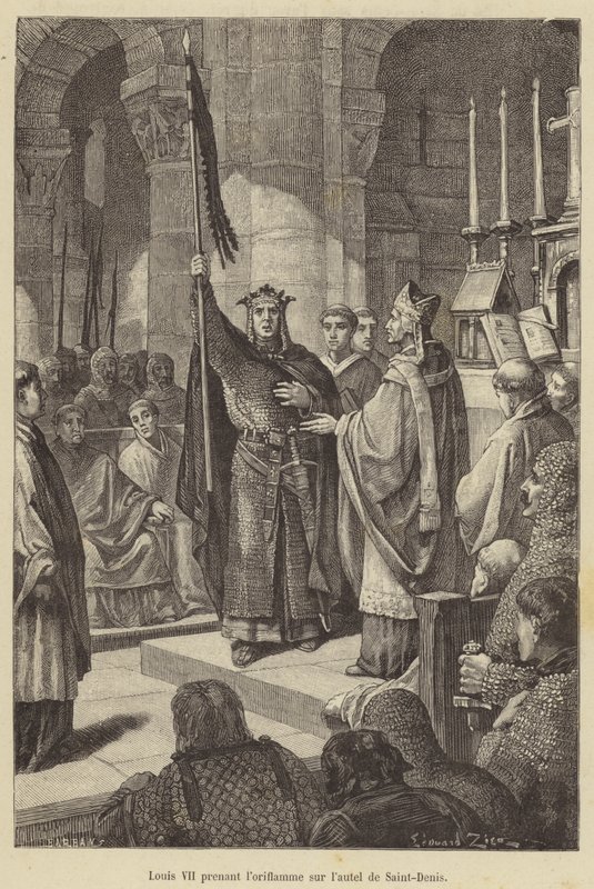 Louis VII tar banneret fra alteret til Saint-Denis (gravering) av French School
