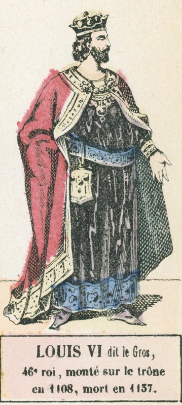Louis VI dit le Gros, 46. konge, besteg tronen i 1108, døde i 1137 (farget gravering) av French School