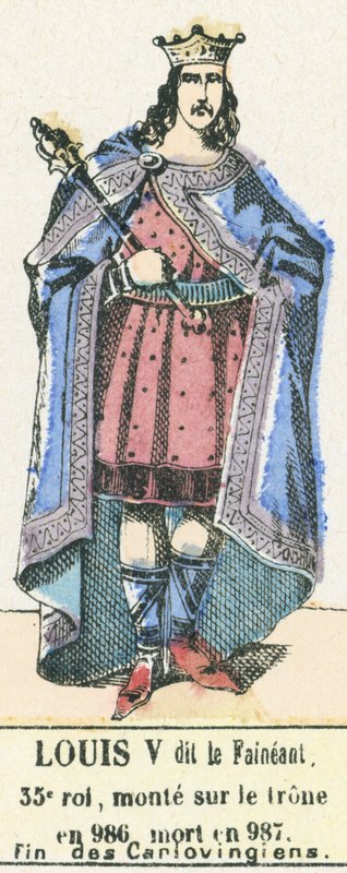 Louis V dit le Faineant, 35. konge, besteg tronen i 986, døde i 987, End of the Carlovingians (farget gravering) av French School