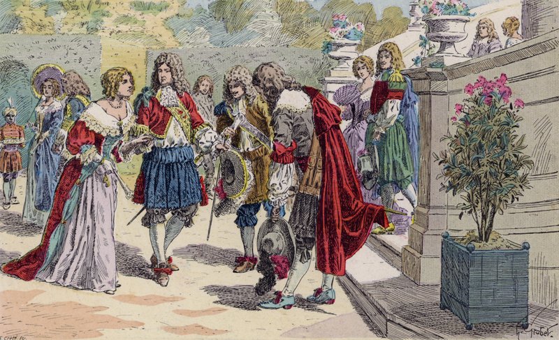 Ludvig XIV av Frankrike og hoffet hans i Versailles (fargelitografi) av French School